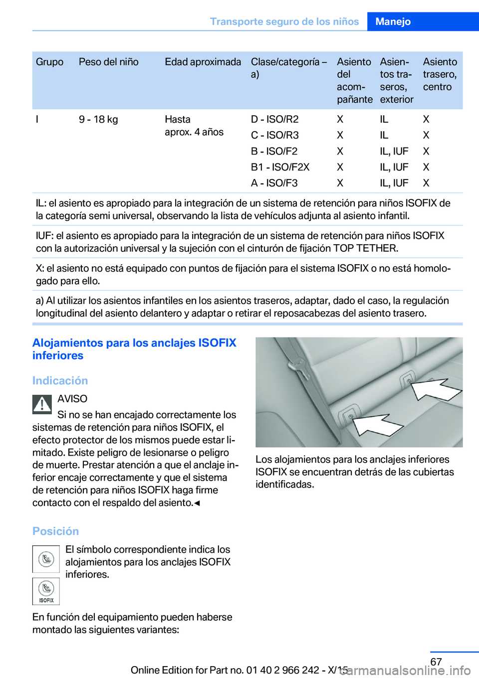 BMW 4 SERIES GRAN COUPE 2016  Manuales de Empleo (in Spanish) GrupoPeso del niñoEdad aproximadaClase/categoría –
a)Asiento
del
acom‐
pañanteAsien‐
tos tra‐
seros,
exteriorAsiento
trasero,
centroI9 - 18 kgHasta
aprox. 4 añosD - ISO/R2
C - ISO/R3
B - I