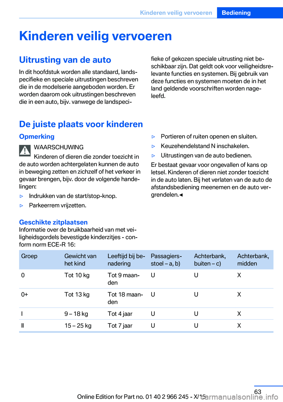 BMW 4 SERIES GRAN COUPE 2016  Instructieboekjes (in Dutch) Kinderen veilig vervoerenUitrusting van de autoIn dit hoofdstuk worden alle standaard, lands‐
pecifieke en speciale uitrustingen beschreven
die in de modelserie aangeboden worden. Er
worden daarom o