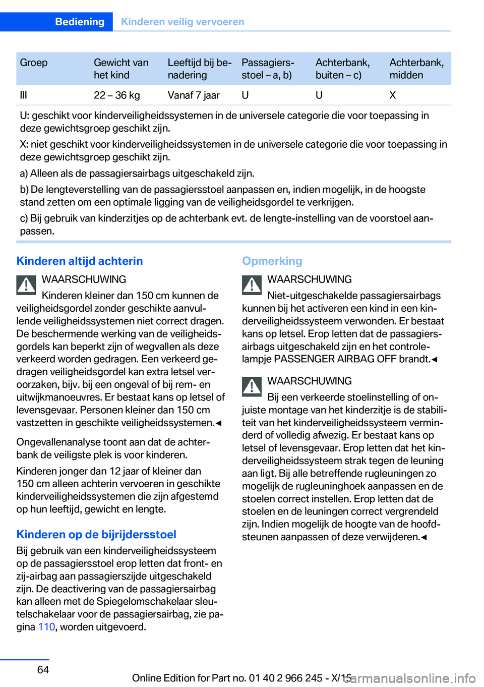BMW 4 SERIES GRAN COUPE 2016  Instructieboekjes (in Dutch) GroepGewicht van
het kindLeeftijd bij be‐
naderingPassagiers‐
stoel – a, b)Achterbank,
buiten – c)Achterbank,
middenIII22 – 36 kgVanaf 7 jaarUUXU: geschikt voor kinderveiligheidssystemen in 