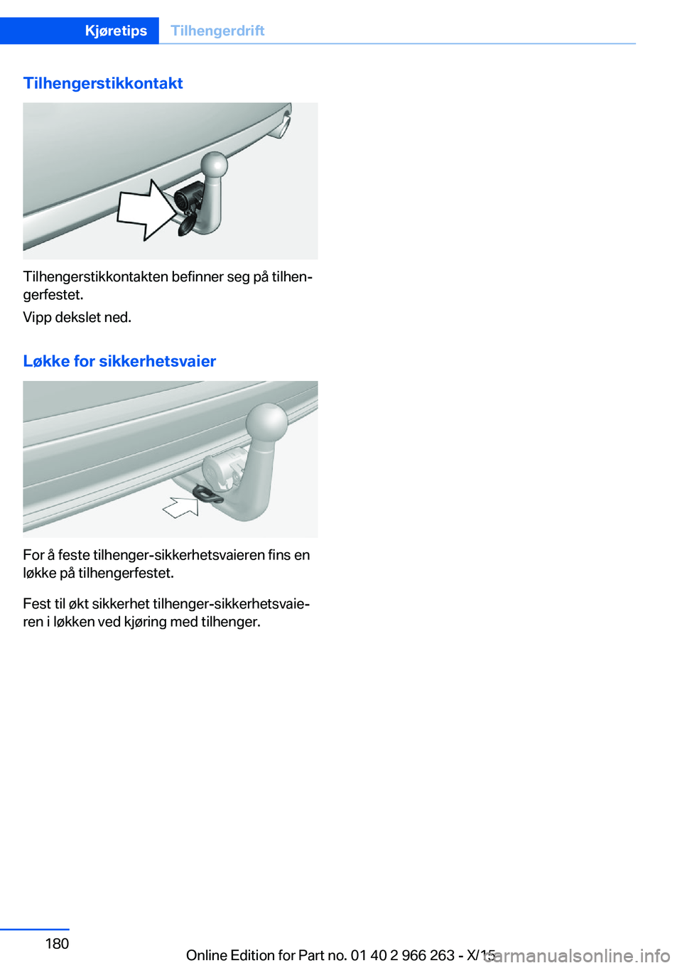 BMW 4 SERIES GRAN COUPE 2016  InstruksjonsbØker (in Norwegian) Tilhengerstikkontakt
Tilhengerstikkontakten befinner seg på tilhen‐
gerfestet.
Vipp dekslet ned.
Løkke for sikkerhetsvaier
For å feste tilhenger-sikkerhetsvaieren fins en
løkke på tilhengerfest
