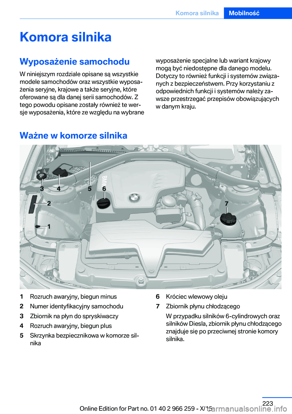 BMW 4 SERIES GRAN COUPE 2016  Instrukcja obsługi (in Polish) Komora silnikaWyposażenie samochodu
W niniejszym rozdziale opisane są wszystkie
modele samochodów oraz wszystkie wyposa‐
żenia seryjne, krajowe a także seryjne, które
oferowane są dla danej s