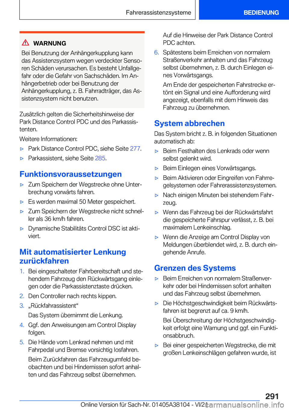 BMW 5 SERIES 2022  Betriebsanleitungen (in German) �W�A�R�N�U�N�G
�B�e�i��B�e�n�u�t�z�u�n�g��d�e�r��A�n�h�