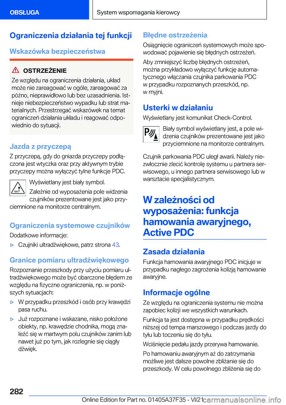 BMW 5 SERIES 2022  Instrukcja obsługi (in Polish) �O�g�r�a�n�i�c�z�e�n�i�a��d�z�i�a�ł�a�n�i�a��t�e�j��f�u�n�k�c�j�i�W�s�k�a�z�