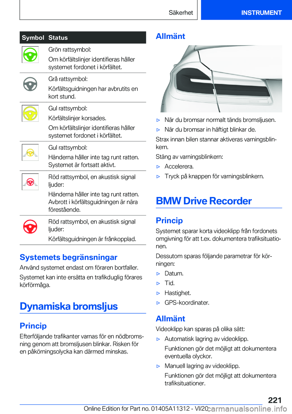 BMW 5 SERIES 2021  InstruktionsbÖcker (in Swedish) �S�y�m�b�o�l�S�t�a�t�u�s�G�r�