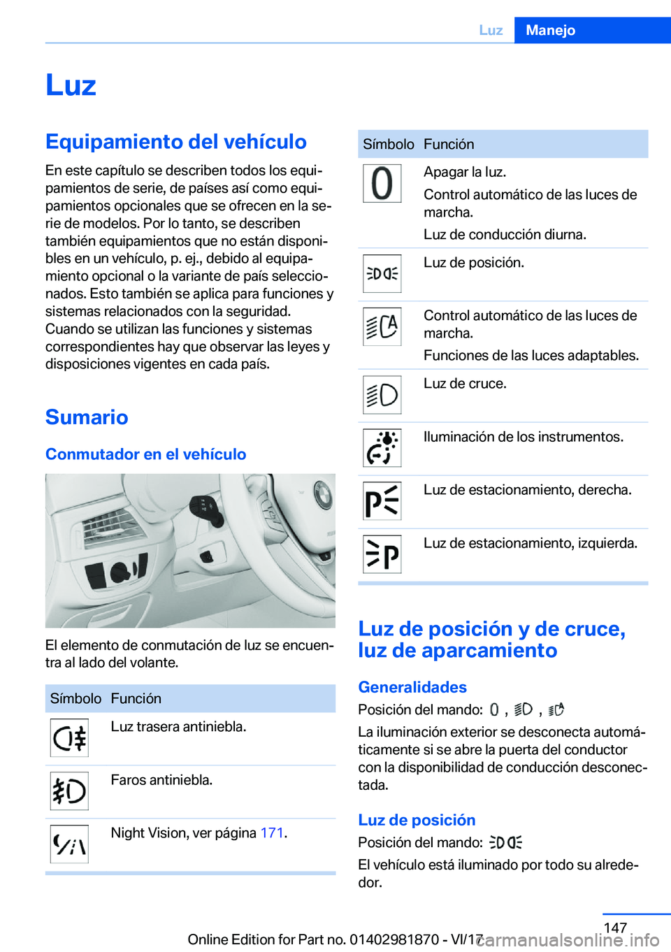BMW 5 SERIES 2018  Manuales de Empleo (in Spanish) �L�u�z�E�q�u�i�p�a�m�i�e�n�t�o��d�e�l��v�e�h�