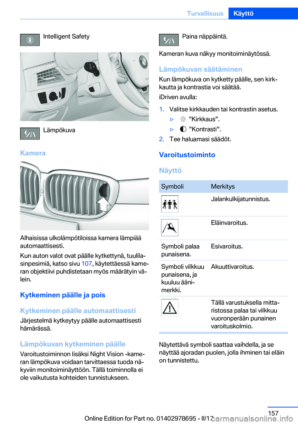 BMW 5 SERIES 2017  Omistajan Käsikirja (in Finnish) �I�n�t�e�l�l�i�g�e�n�t� �S�a�f�e�t�y
�L�ä�m�p�ö�k�u�v�a
�K�a�m�e�r�a
�A�l�h�a�i�s�i�s�s�a� �u�l�k�o�l�ä�m�p�ö�t�i�l�o�i�s�s�a� �k�a�m�e�r�a� �l�ä�m�p�i�ä�ä
�a�u�t�o�m�a�a�t�t�i�s�e�s�t�i�.
�K�u