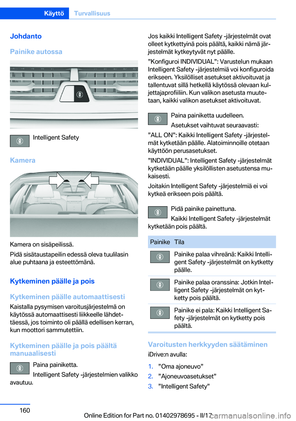 BMW 5 SERIES 2017  Omistajan Käsikirja (in Finnish) �J�o�h�d�a�n�t�o
�P�a�i�n�i�k�e��a�u�t�o�s�s�a
�I�n�t�e�l�l�i�g�e�n�t� �S�a�f�e�t�y
�K�a�m�e�r�a
�K�a�m�e�r�a� �o�n� �s�i�s�ä�p�e�i�l�i�s�s�ä�.
�P�i�d�ä� �s�i�s�ä�t�a�u�s�t�a�p�e�i�l�i�n� �e�d�e�
