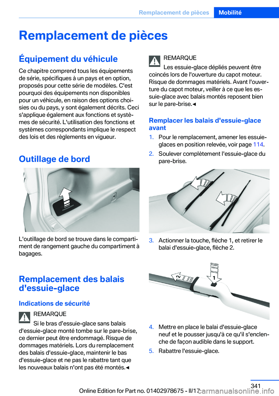 BMW 5 SERIES 2017  Notices Demploi (in French) �R�e�m�p�l�a�c�e�m�e�n�t��d�e��p�i�è�c�e�s�