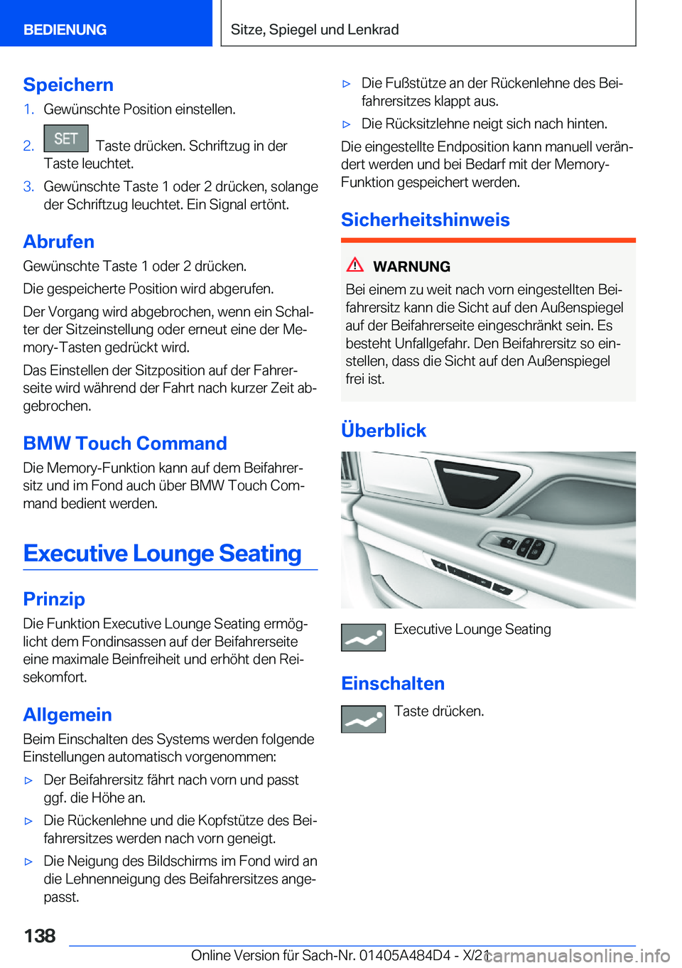 BMW 7 SERIES 2022  Betriebsanleitungen (in German) �S�p�e�i�c�h�e�r�n�1�.�G�e�w�