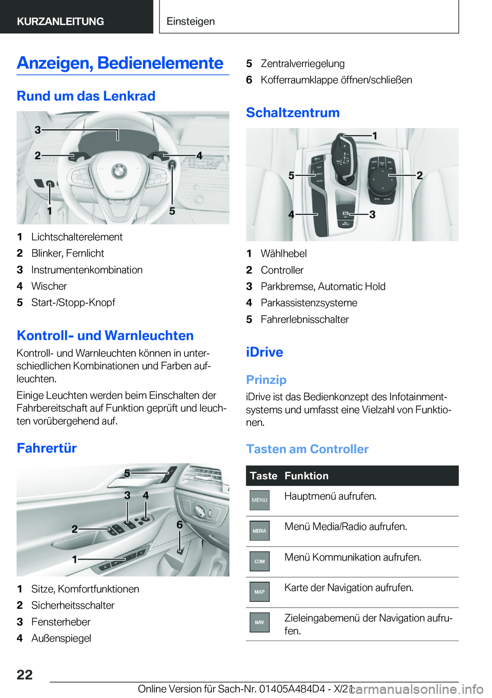 BMW 7 SERIES 2022  Betriebsanleitungen (in German) �A�n�z�e�i�g�e�n�,��B�e�d�i�e�n�e�l�e�m�e�n�t�e
�R�u�n�d��u�m��d�a�s��L�e�n�k�r�a�d
�1�L�i�c�h�t�s�c�h�a�l�t�e�r�e�l�e�m�e�n�t�2�B�l�i�n�k�e�r�,��F�e�r�n�l�i�c�h�t�3�I�n�s�t�r�u�m�e�n�t�e�n�k�o�m