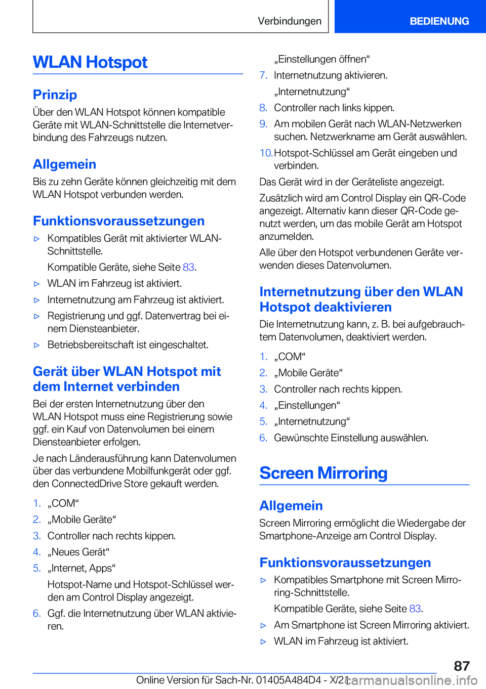BMW 7 SERIES 2022  Betriebsanleitungen (in German) �W�L�A�N��H�o�t�s�p�o�t
�P�r�i�n�z�i�p
�