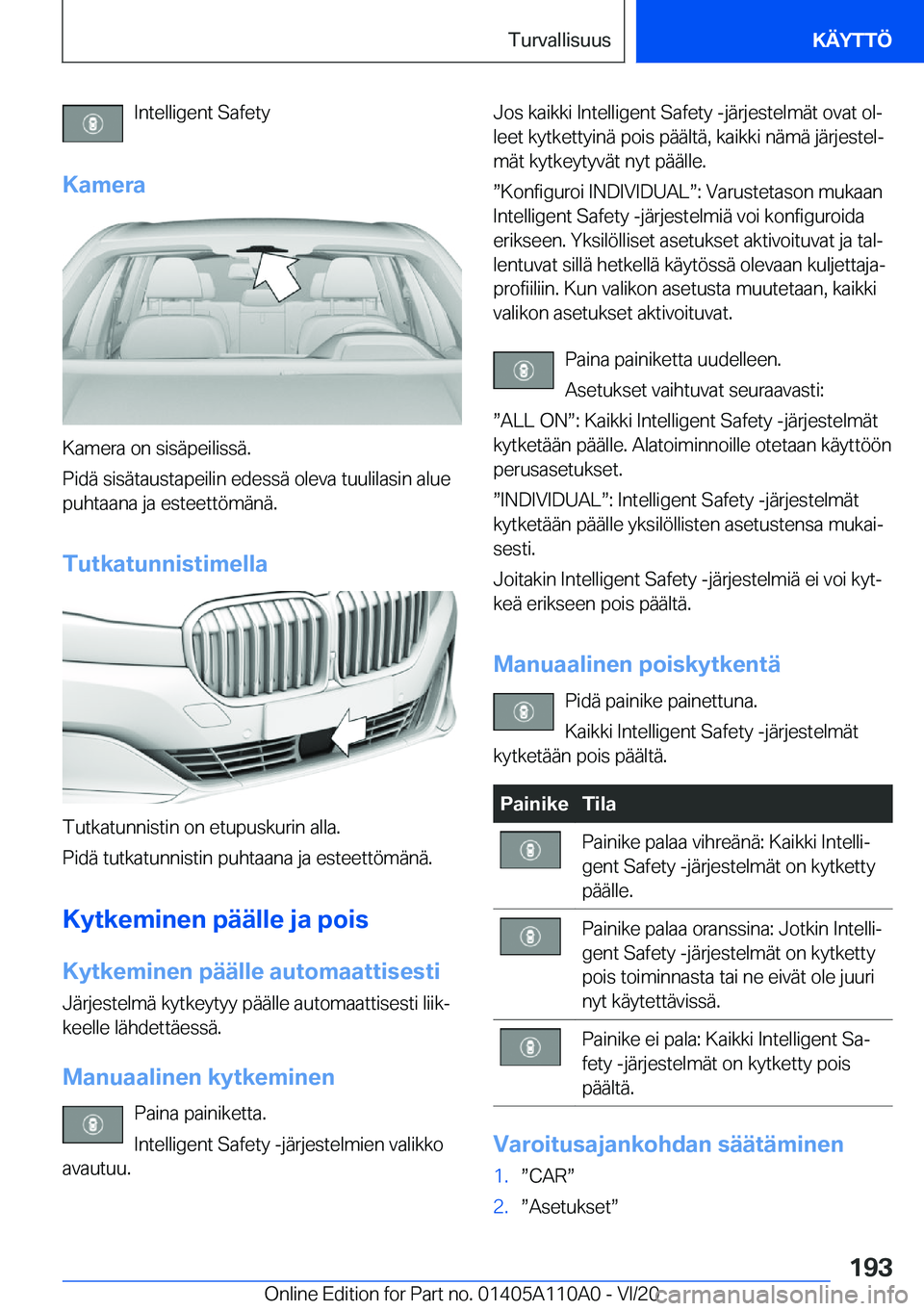 BMW 7 SERIES 2021  Omistajan Käsikirja (in Finnish) �I�n�t�e�l�l�i�g�e�n�t��S�a�f�e�t�y
�K�a�m�e�r�a
�K�a�m�e�r�a��o�n��s�i�s�