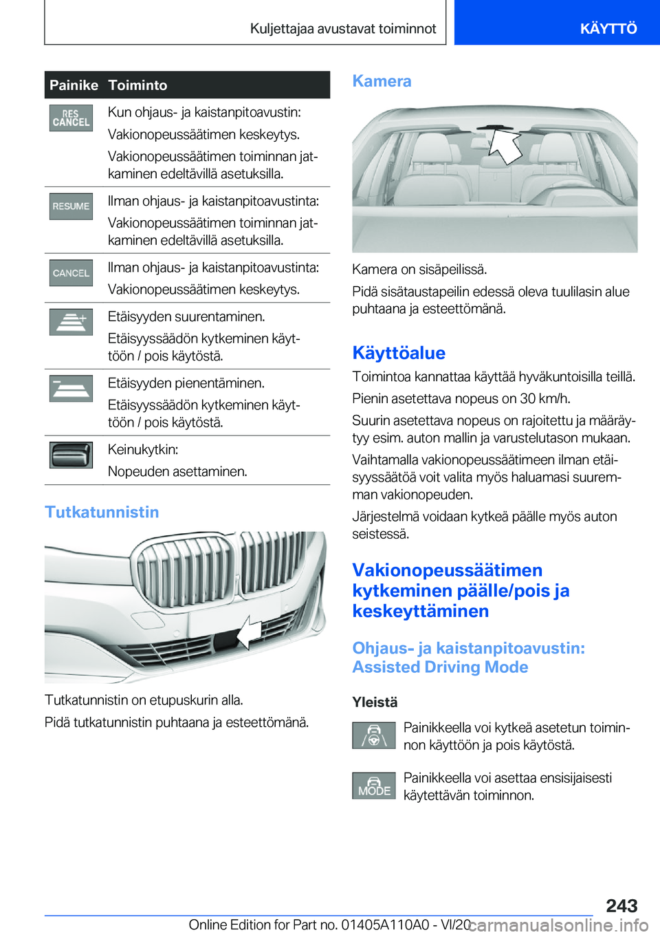 BMW 7 SERIES 2021  Omistajan Käsikirja (in Finnish) �P�a�i�n�i�k�e�T�o�i�m�i�n�t�o�K�u�n��o�h�j�a�u�s�-��j�a��k�a�i�s�t�a�n�p�i�t�o�a�v�u�s�t�i�n�:
�V�a�k�i�o�n�o�p�e�u�s�s�