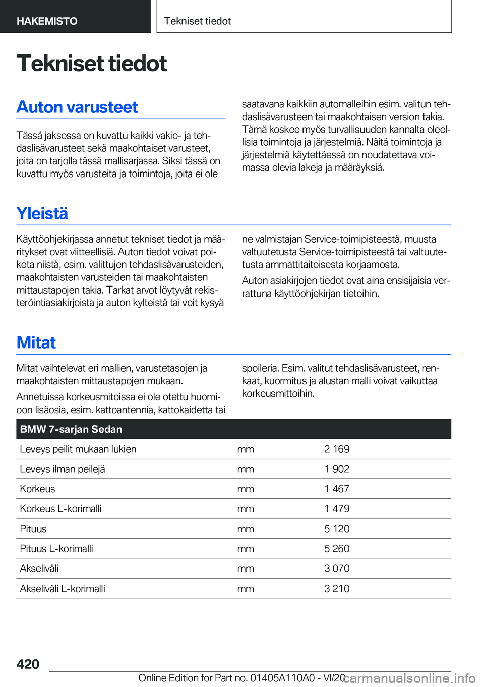 BMW 7 SERIES 2021  Omistajan Käsikirja (in Finnish) �T�e�k�n�i�s�e�t��t�i�e�d�o�t�A�u�t�o�n��v�a�r�u�s�t�e�e�t
�T�