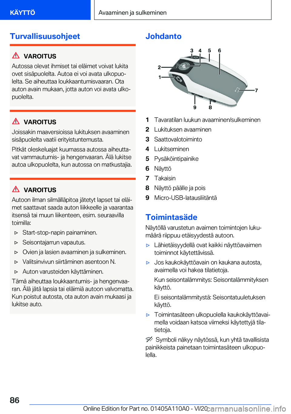 BMW 7 SERIES 2021  Omistajan Käsikirja (in Finnish) �T�u�r�v�a�l�l�i�s�u�u�s�o�h�j�e�e�t
�V�A�R�O�I�T�U�S
�A�u�t�o�s�s�a��o�l�e�v�a�t��i�h�m�i�s�e�t��t�a�i��e�l�