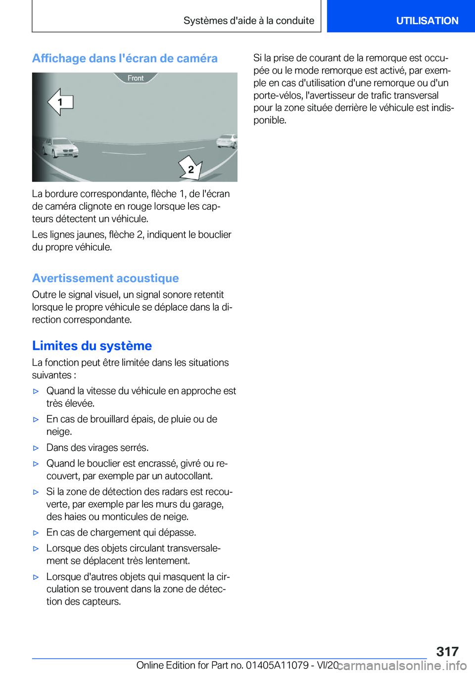 BMW 7 SERIES 2021  Notices Demploi (in French) �A�f�f�i�c�h�a�g�e��d�a�n�s��l�'�é�c�r�a�n��d�e��c�a�m�é�r�a
�L�a��b�o�r�d�u�r�e��c�o�r�r�e�s�p�o�n�d�a�n�t�e�,��f�l�è�c�h�e��1�,��d�e��l�'�é�c�r�a�n�d�e��c�a�m�é�r�a��c�l�i�g