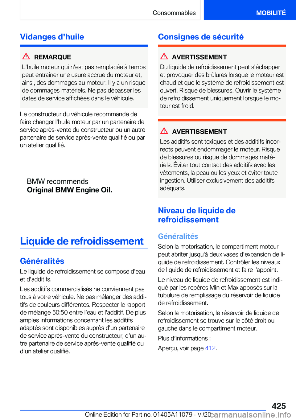 BMW 7 SERIES 2021  Notices Demploi (in French) �V�i�d�a�n�g�e�s��d�'�h�u�i�l�e
�R�E�M�A�R�Q�U�E
�L�'�h�u�i�l�e��m�o�t�e�u�r��q�u�i��n�'�e�s�t��p�a�s��r�e�m�p�l�a�c�é�e��