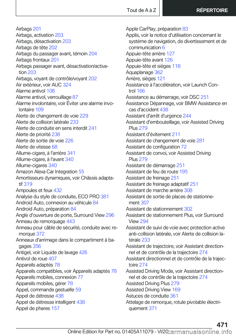 BMW 7 SERIES 2021  Notices Demploi (in French) �A�i�r�b�a�g�s��2�0�1�
�A�i�r�b�a�g�s�,��a�c�t�i�v�a�t�i�o�n� �2�0�3�
�A�i�r�b�a�g�s�,��d�é�s�a�c�t�i�v�a�t�i�o�n� �2�0�3�
�A�i�r�b�a�g�s��d�e��t�ê�t�e� �2�0�2�
�A�i�r�b�a�g�s��d�u��p�
