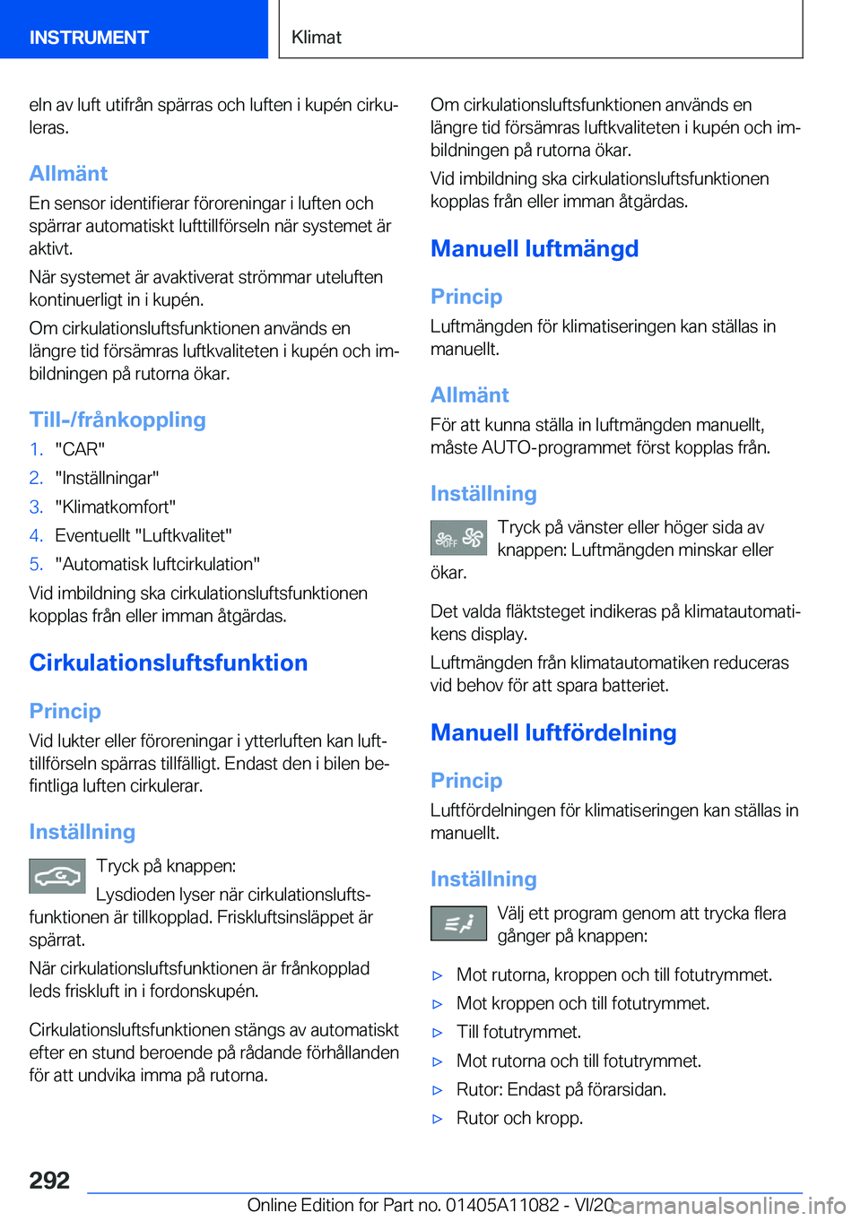 BMW 7 SERIES 2021  InstruktionsbÖcker (in Swedish) �e�l�n��a�v��l�u�f�t��u�t�i�f�r�å�n��s�p�ä�r�r�a�s��o�c�h��l�u�f�t�e�n��i��k�u�p�