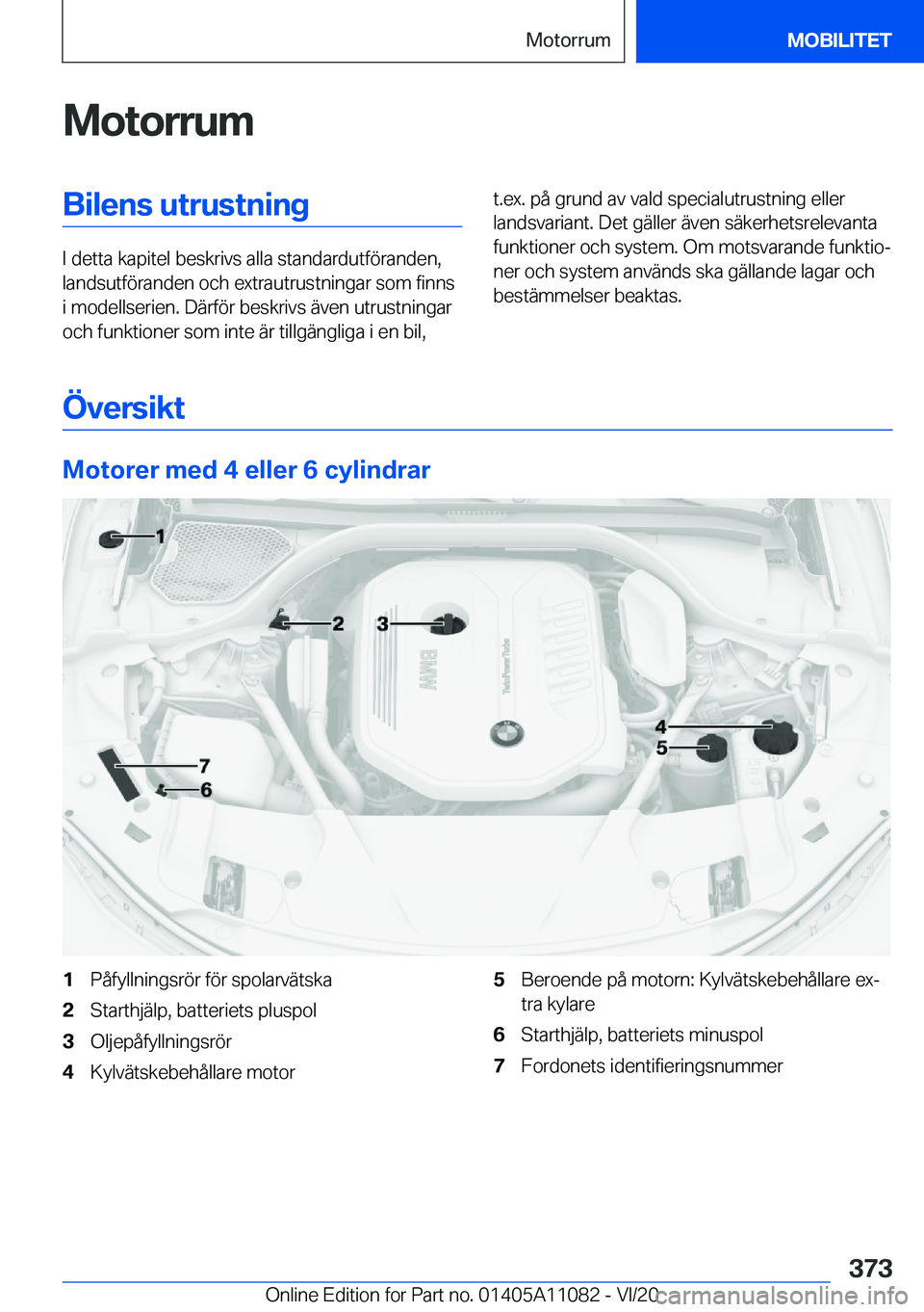 BMW 7 SERIES 2021  InstruktionsbÖcker (in Swedish) �M�o�t�o�r�r�u�m�B�i�l�e�n�s��u�t�r�u�s�t�n�i�n�g
�I��d�e�t�t�a��k�a�p�i�t�e�l��b�e�s�k�r�i�v�s��a�l�l�a��s�t�a�n�d�a�r�d�u�t�f�
