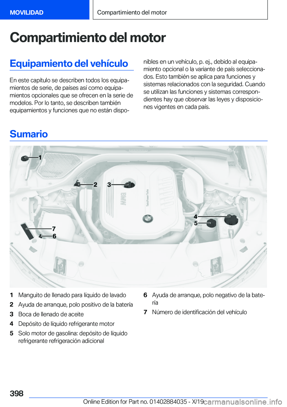 BMW 7 SERIES 2020  Manuales de Empleo (in Spanish) �C�o�m�p�a�r�t�i�m�i�e�n�t�o��d�e�l��m�o�t�o�r�E�q�u�i�p�a�m�i�e�n�t�o��d�e�l��v�e�h�