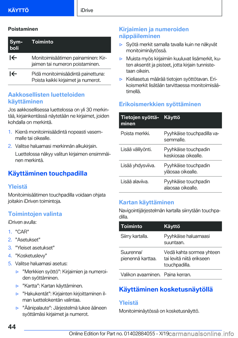 BMW 7 SERIES 2020  Omistajan Käsikirja (in Finnish) �P�o�i�s�t�a�m�i�n�e�n�S�y�mj
�b�o�l�i�T�o�i�m�i�n�t�o��M�o�n�i�t�o�i�m�i�s�