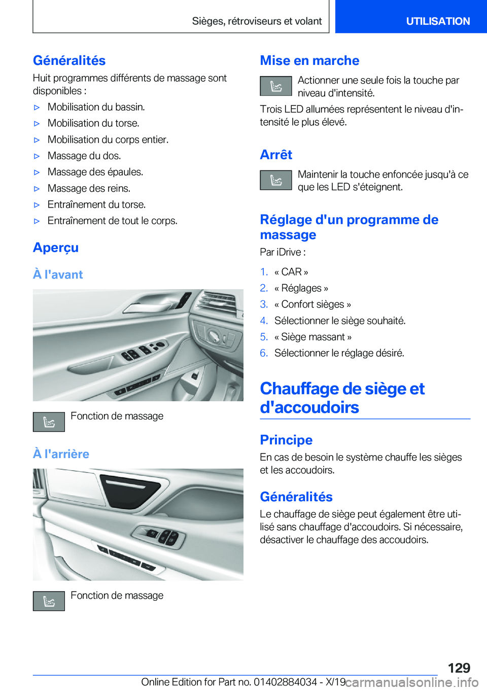 BMW 7 SERIES 2020  Notices Demploi (in French) �G�é�n�é�r�a�l�i�t�é�s�H�u�i�t��p�r�o�g�r�a�m�m�e�s��d�i�f�f�é�r�e�n�t�s��d�e��m�a�s�s�a�g�e��s�o�n�t
�d�i�s�p�o�n�i�b�l�e�s��:'x�M�o�b�i�l�i�s�a�t�i�o�n��d�u��b�a�s�s�i�n�.'x�M�o�