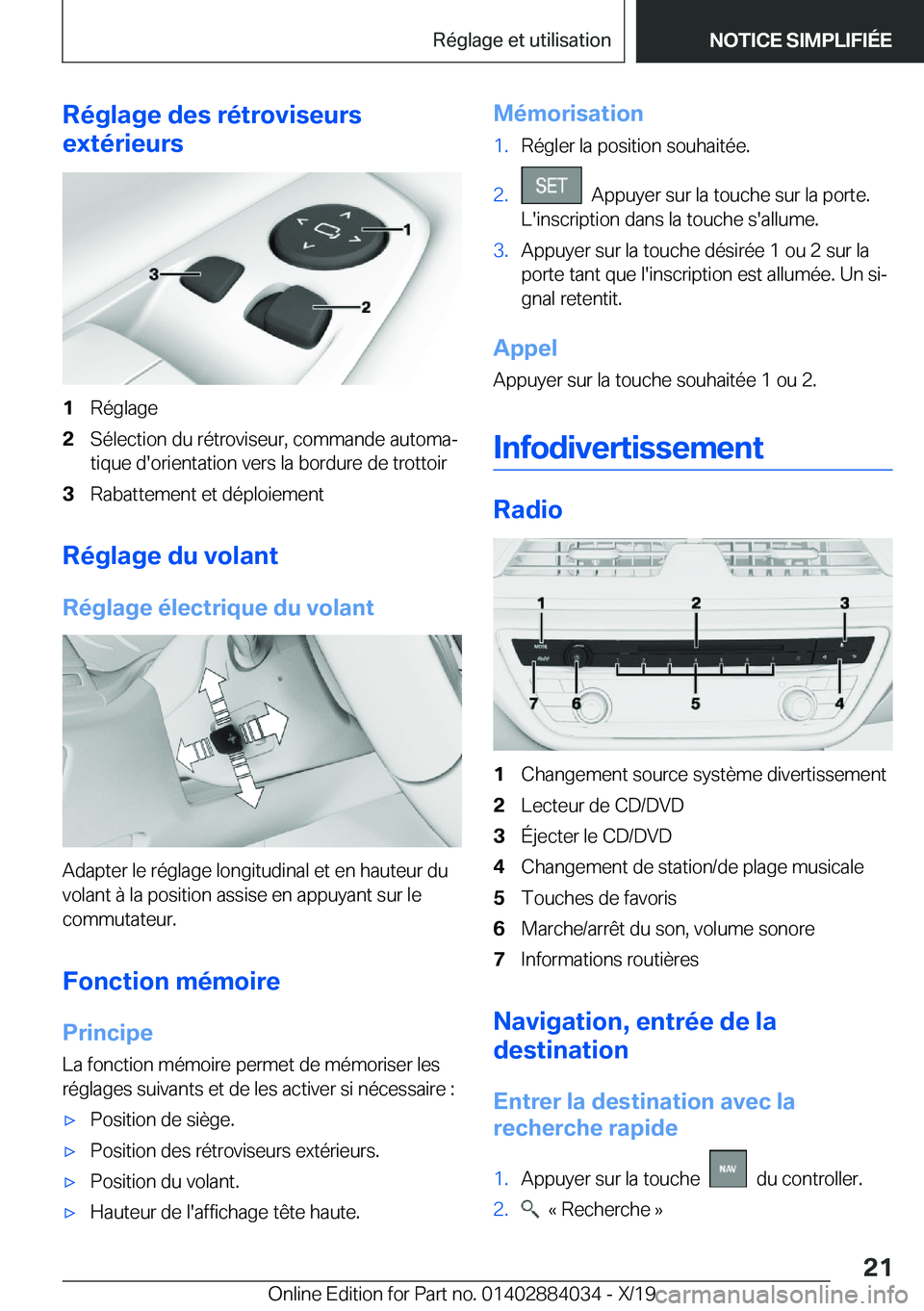 BMW 7 SERIES 2020  Notices Demploi (in French) �R�é�g�l�a�g�e��d�e�s��r�é�t�r�o�v�i�s�e�u�r�s
�e�x�t�é�r�i�e�u�r�s�1�R�é�g�l�a�g�e�2�S�é�l�e�c�t�i�o�n��d�u��r�é�t�r�o�v�i�s�e�u�r�,��c�o�m�m�a�n�d�e��a�u�t�o�m�aj
�t�i�q�u�e��d�'�o