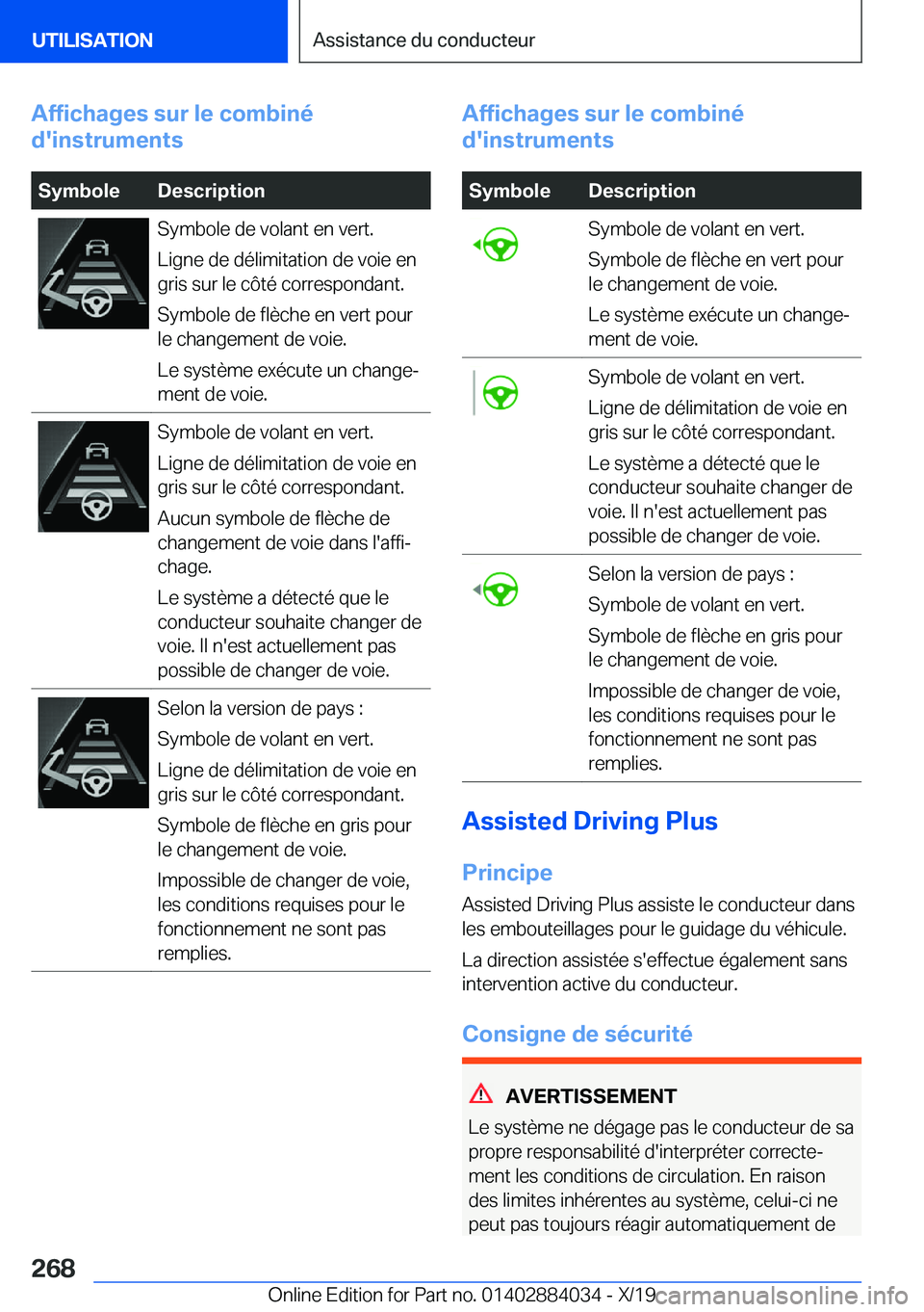BMW 7 SERIES 2020  Notices Demploi (in French) �A�f�f�i�c�h�a�g�e�s��s�u�r��l�e��c�o�m�b�i�n�é
�d�'�i�n�s�t�r�u�m�e�n�t�s�S�y�m�b�o�l�e�D�e�s�c�r�i�p�t�i�o�n�S�y�m�b�o�l�e��d�e��v�o�l�a�n�t��e�n��v�e�r�t�.
�L�i�g�n�e��d�e��d�é�l�i�m