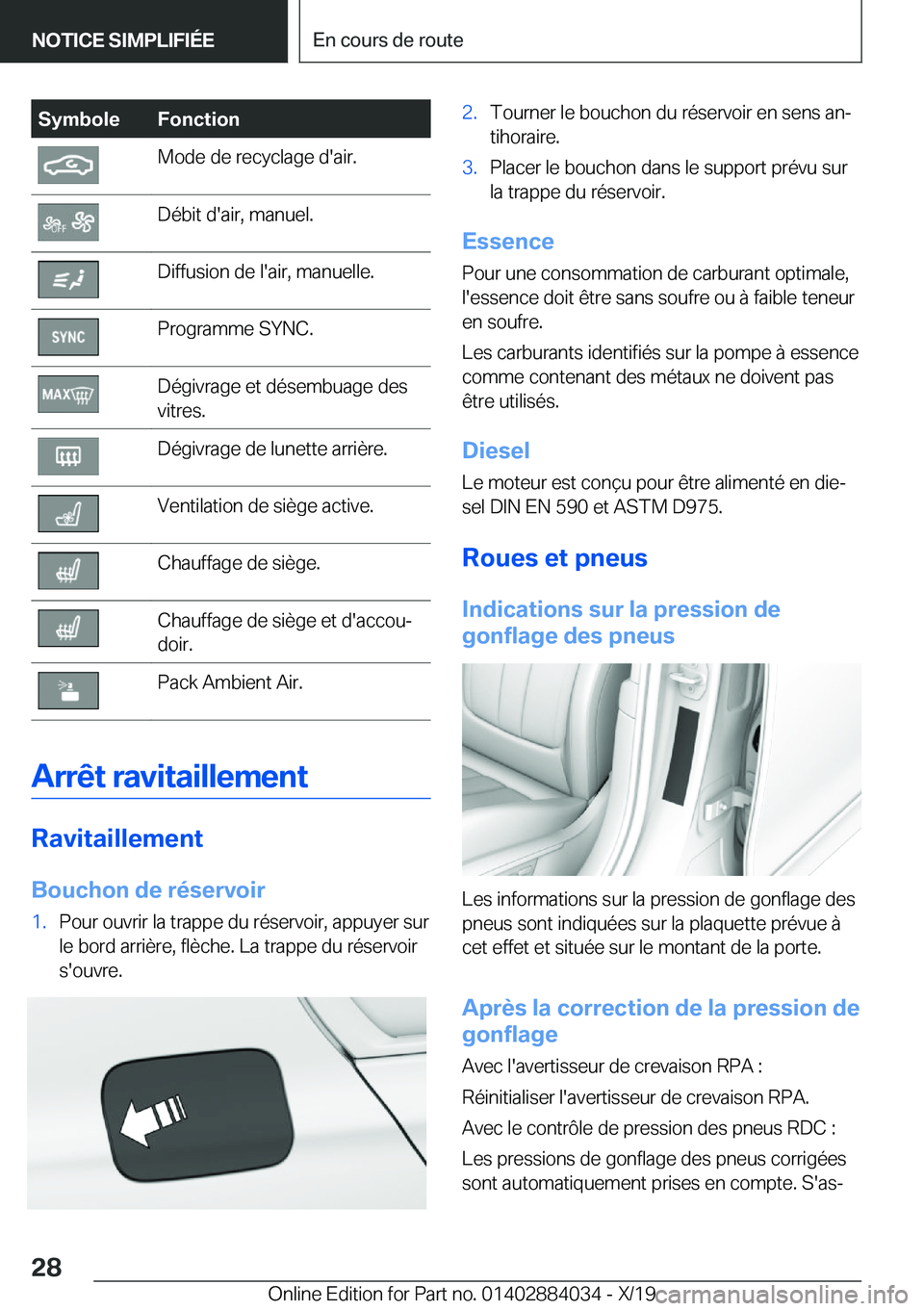 BMW 7 SERIES 2020  Notices Demploi (in French) �S�y�m�b�o�l�e�F�o�n�c�t�i�o�n�M�o�d�e��d�e��r�e�c�y�c�l�a�g�e��d�'�a�i�r�.�D�é�b�i�t��d�'�a�i�r�,��m�a�n�u�e�l�.�D�i�f�f�u�s�i�o�n��d�e��l�'�a�i�r�,��m�a�n�u�e�l�l�e�.�P�r�o�g�r�