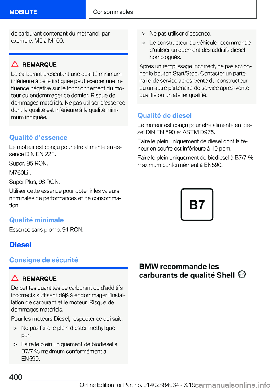 BMW 7 SERIES 2020  Notices Demploi (in French) �d�e��c�a�r�b�u�r�a�n�t��c�o�n�t�e�n�a�n�t��d�u��m�é�t�h�a�n�o�l�,��p�a�r�e�x�e�m�p�l�e�,��M�5��