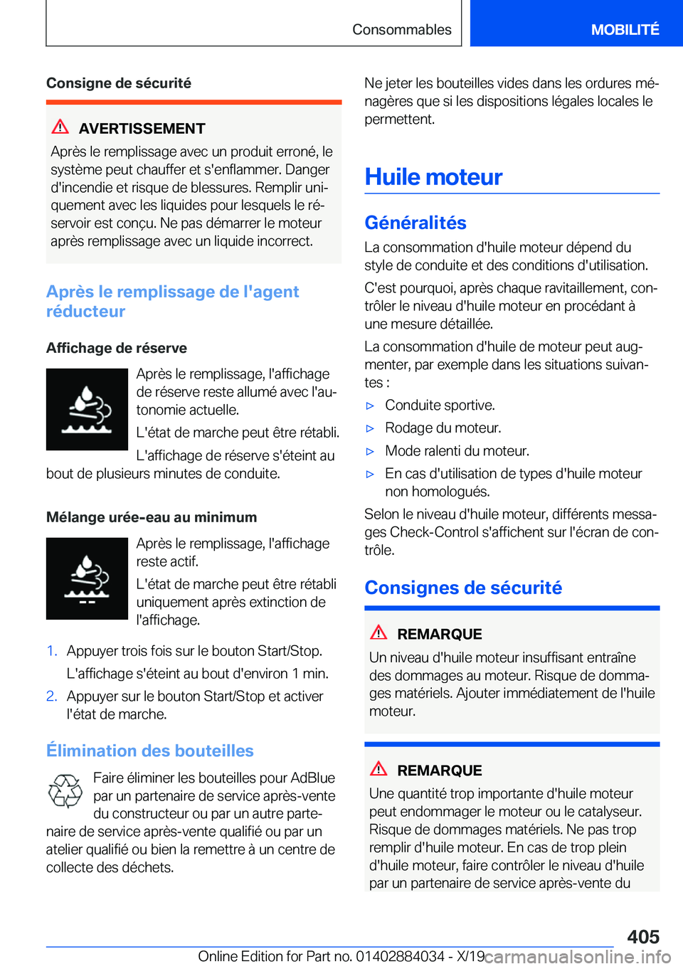 BMW 7 SERIES 2020  Notices Demploi (in French) �C�o�n�s�i�g�n�e��d�e��s�é�c�u�r�i�t�é
�A�V�E�R�T�I�S�S�E�M�E�N�T
�A�p�r�è�s��l�e��r�e�m�p�l�i�s�s�a�g�e��a�v�e�c��u�n��p�r�o�d�u�i�t��e�r�r�o�n�é�,��l�e �s�y�s�t�è�m�e��p�e�u�t��c�h�a