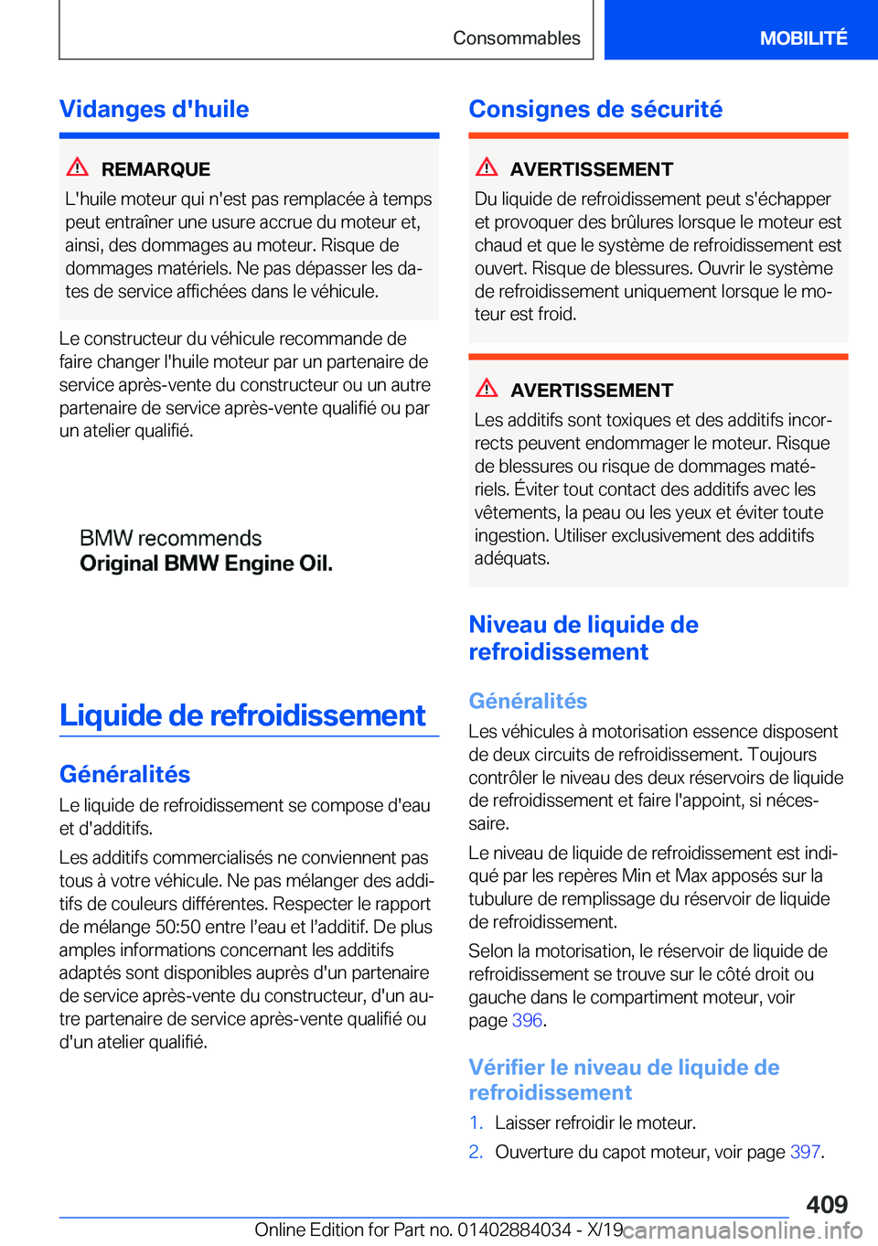 BMW 7 SERIES 2020  Notices Demploi (in French) �V�i�d�a�n�g�e�s��d�'�h�u�i�l�e
�R�E�M�A�R�Q�U�E
�L�'�h�u�i�l�e��m�o�t�e�u�r��q�u�i��n�'�e�s�t��p�a�s��r�e�m�p�l�a�c�é�e��