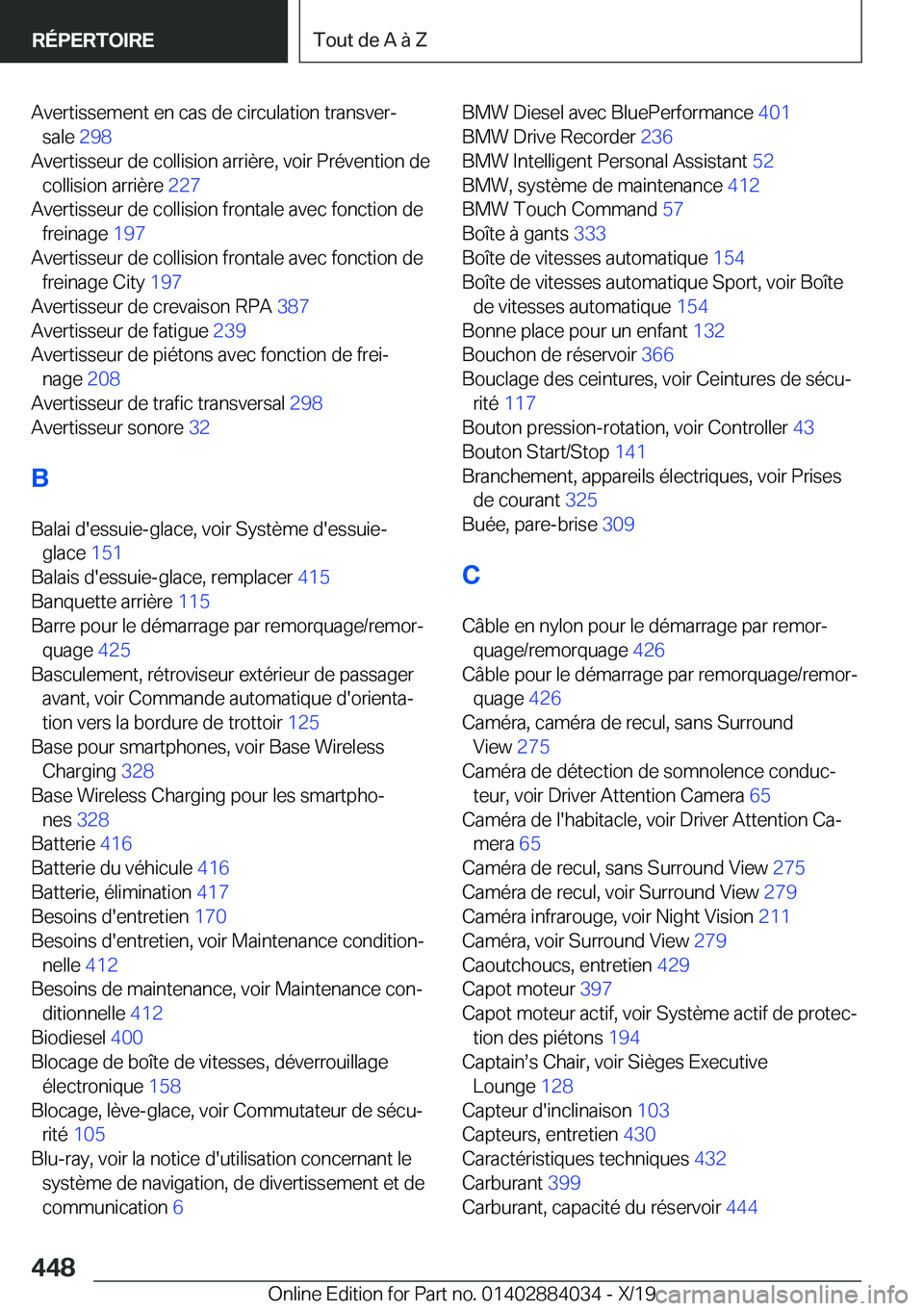 BMW 7 SERIES 2020  Notices Demploi (in French) �A�v�e�r�t�i�s�s�e�m�e�n�t��e�n��c�a�s��d�e��c�i�r�c�u�l�a�t�i�o�n��t�r�a�n�s�v�e�rj�s�a�l�e� �2�9�8�
�A�v�e�r�t�i�s�s�e�u�r��d�e��c�o�l�l�i�s�i�o�n��a�r�r�i�è�r�e�,��v�o�i�r��P�r�é�v�e