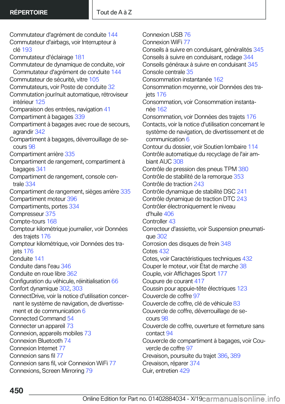BMW 7 SERIES 2020  Notices Demploi (in French) �C�o�m�m�u�t�a�t�e�u�r��d�'�a�g�r�é�m�e�n�t��d�e��c�o�n�d�u�i�t�e��1�4�4�
�C�o�m�m�u�t�a�t�e�u�r��d�'�a�i�r�b�a�g�s�,��v�o�i�r��I�n�t�e�r�r�u�p�t�e�u�r��