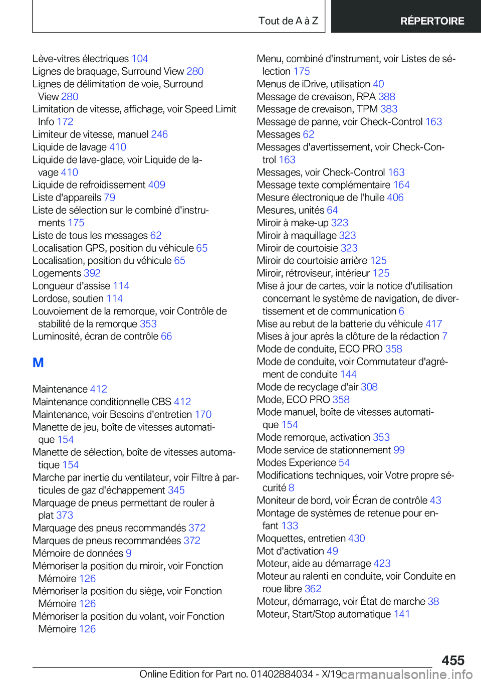BMW 7 SERIES 2020  Notices Demploi (in French) �L�è�v�e�-�v�i�t�r�e�s��é�l�e�c�t�r�i�q�u�e�s��1�0�4�
�L�i�g�n�e�s��d�e��b�r�a�q�u�a�g�e�,��S�u�r�r�o�u�n�d��V�i�e�w� �2�8�0�
�L�i�g�n�e�s��d�e��d�é�l�i�m�i�t�a�t�i�o�n��d�e��v�o�i�e�,