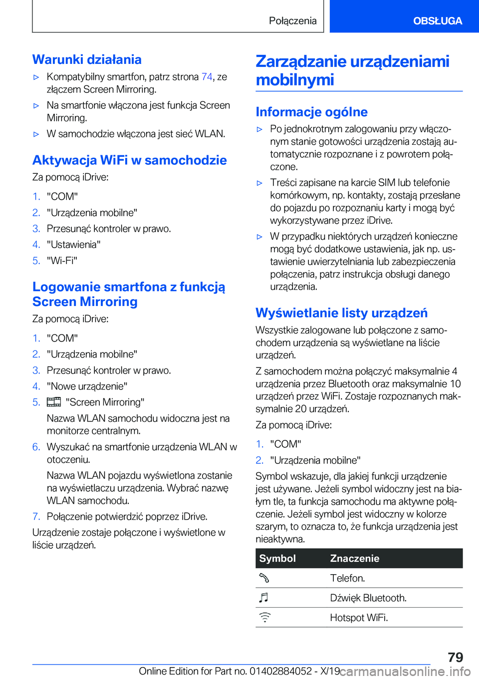 BMW 7 SERIES 2020  Instrukcja obsługi (in Polish) �W�a�r�u�n�k�i��d�z�i�a�ł�a�n�i�a'x�K�o�m�p�a�t�y�b�i�l�n�y��s�m�a�r�t�f�o�n�,��p�a�t�r�z��s�t�r�o�n�a��7�4�,��z�e
�z�ł�