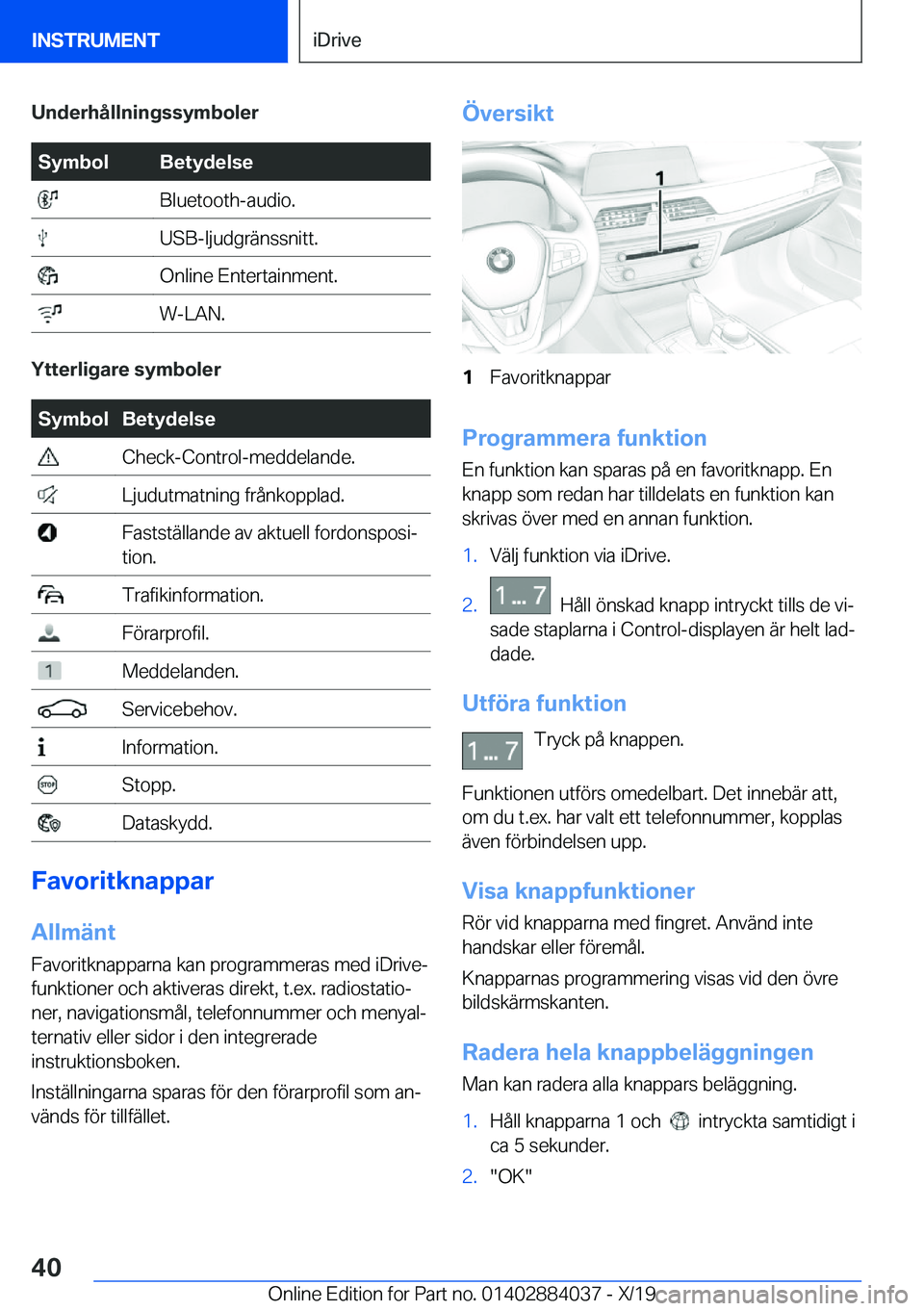 BMW 7 SERIES 2020  InstruktionsbÖcker (in Swedish) �U�n�d�e�r�h�å�l�l�n�i�n�g�s�s�y�m�b�o�l�e�r�S�y�m�b�o�l�B�e�t�y�d�e�l�s�e��B�l�u�e�t�o�o�t�h�-�a�u�d�i�o�.��U�S�B�-�l�j�u�d�g�r�ä�n�s�s�n�i�t�t�.��O�n�l�i�n�e��E�n�t�e�r�t�a�i�n�m�e�n�t�.��W�-