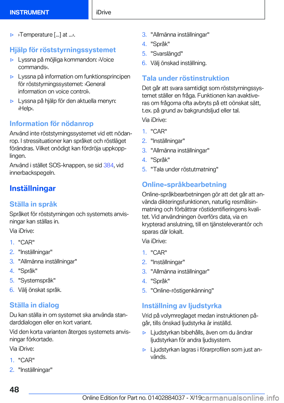 BMW 7 SERIES 2020  InstruktionsbÖcker (in Swedish) 'x