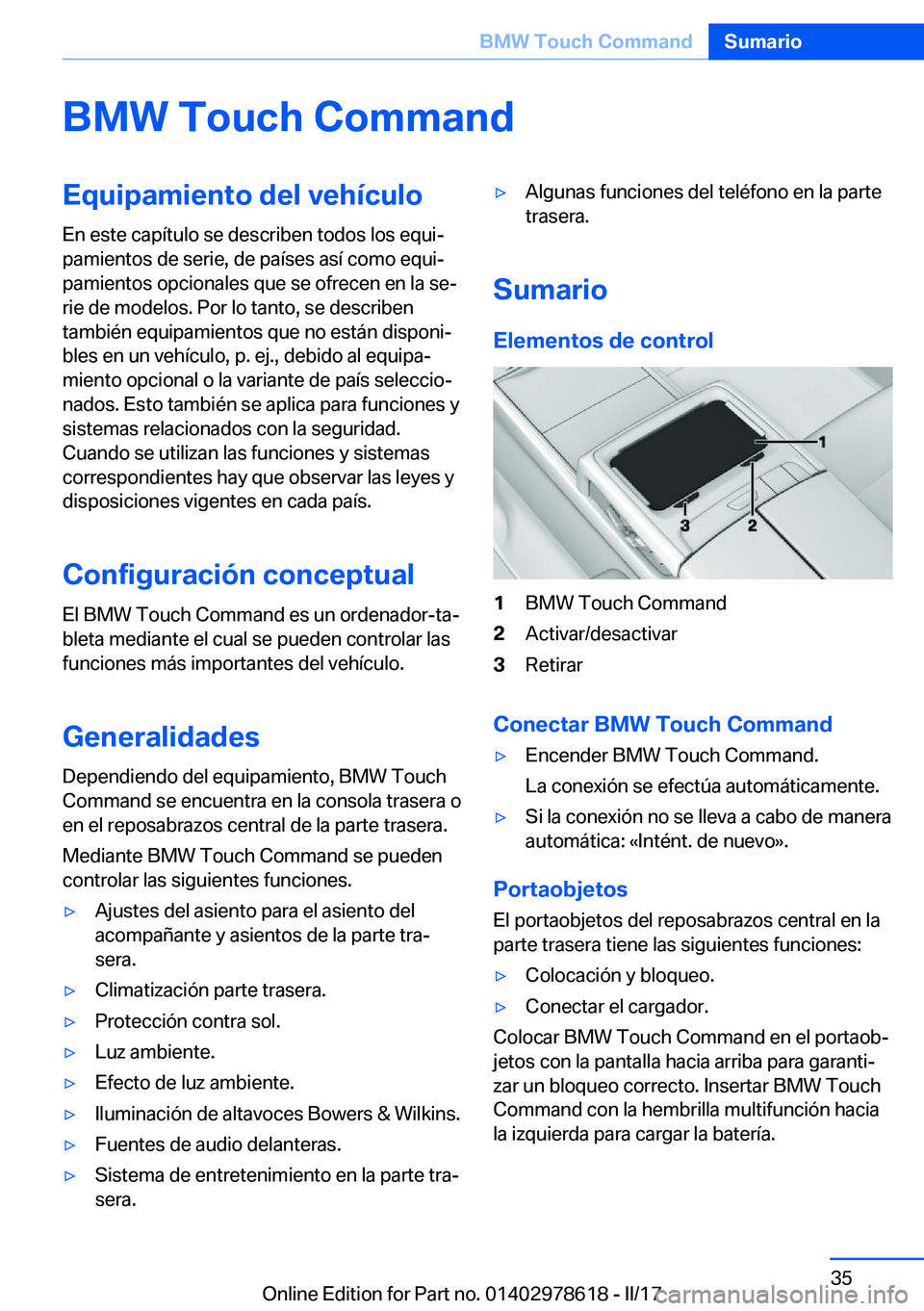 BMW 7 SERIES 2018  Manuales de Empleo (in Spanish) �B�M�W��T�o�u�c�h��C�o�m�m�a�n�d�E�q�u�i�p�a�m�i�e�n�t�o��d�e�l��v�e�h�