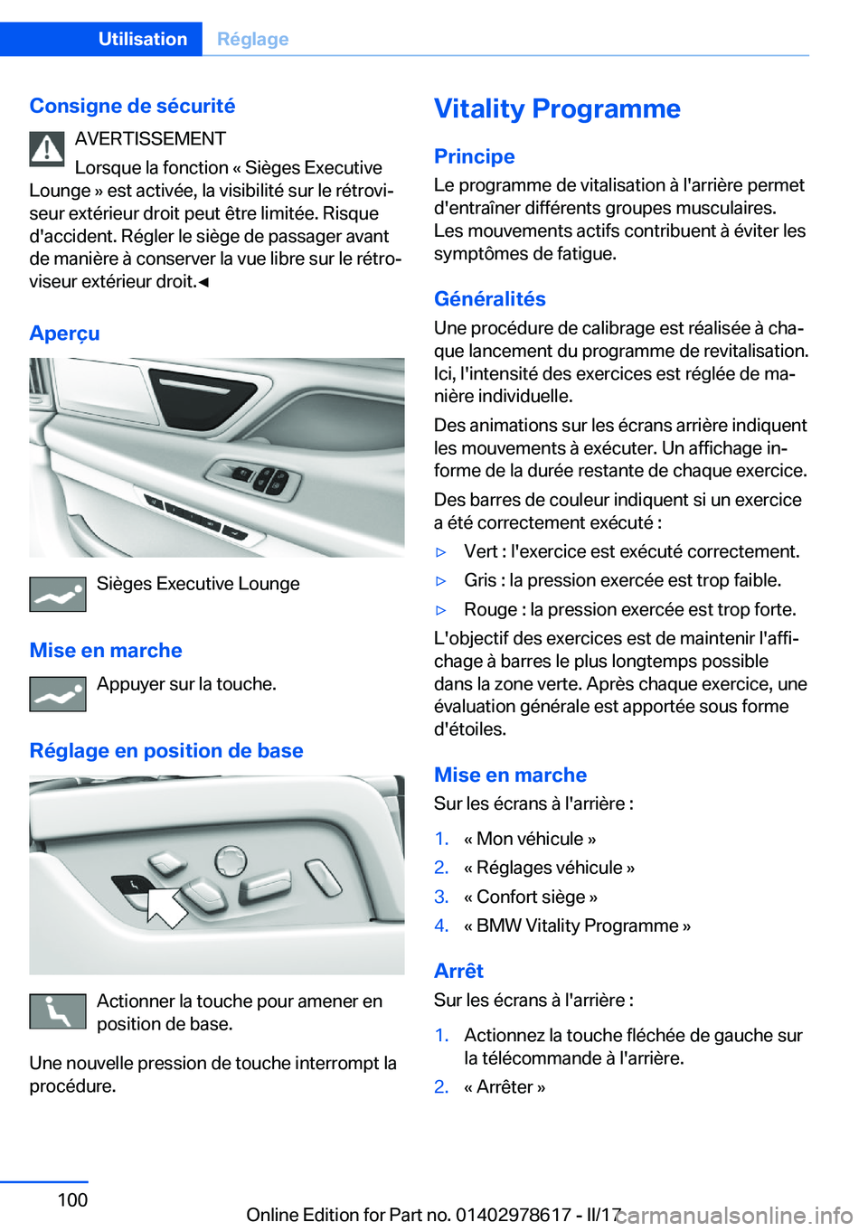 BMW 7 SERIES 2018  Notices Demploi (in French) �C�o�n�s�i�g�n�e��d�e��s�é�c�u�r�i�t�é�A�V�E�R�T�I�S�S�E�M�E�N�T
�L�o�r�s�q�u�e� �l�a� �f�o�n�c�t�i�o�n� �k� �S�i�è�g�e�s� �E�x�e�c�u�t�i�v�e
�L�o�u�n�g�e� �{� �e�s�t� �a�c�t�i�v�é�e�,� �l�a� �v