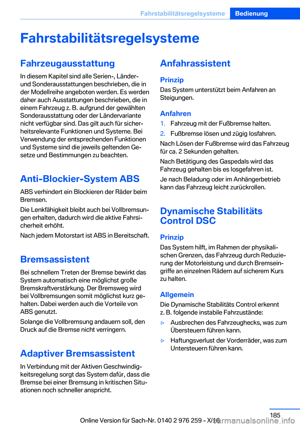 BMW 7 SERIES 2017  Betriebsanleitungen (in German) �F�a�h�r�s�t�a�b�i�l�i�t�