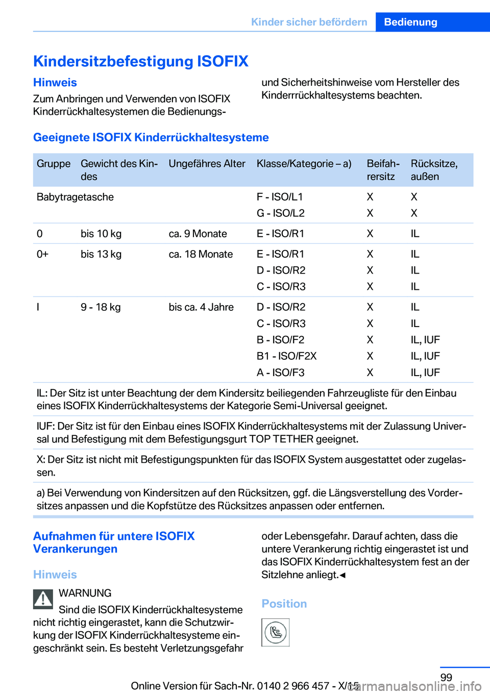 BMW 7 SERIES 2016 Betriebsanleitungen (in German) Kindersitzbefestigung ISOFIXHinweis
Zum Anbringen und Verwenden von ISOFIX
Kinderrückhaltesystemen die Bedienungs-und Sicherheitshinweise vom Hersteller des
Kinderrrückhaltesystems beachten.
Geeigne BMW 7 SERIES 2016 Betriebsanleitungen (in German) Kindersitzbefestigung ISOFIXHinweis
Zum Anbringen und Verwenden von ISOFIX
Kinderrückhaltesystemen die Bedienungs-und Sicherheitshinweise vom Hersteller des
Kinderrrückhaltesystems beachten.
Geeigne