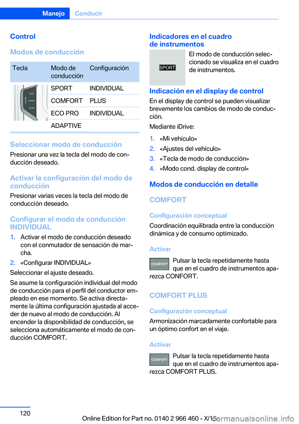 BMW 7 SERIES 2016 Manuales de Empleo (in Spanish) Control
Modos de conducciónTeclaModo de
conducciónConfiguraciónSPORTINDIVIDUALCOMFORTPLUSECO PROINDIVIDUALADAPTIVE
Seleccionar modo de conducción
Presionar una vez la tecla del modo de con‐
ducc BMW 7 SERIES 2016 Manuales de Empleo (in Spanish) Control
Modos de conducciónTeclaModo de
conducciónConfiguraciónSPORTINDIVIDUALCOMFORTPLUSECO PROINDIVIDUALADAPTIVE
Seleccionar modo de conducción
Presionar una vez la tecla del modo de con‐
ducc