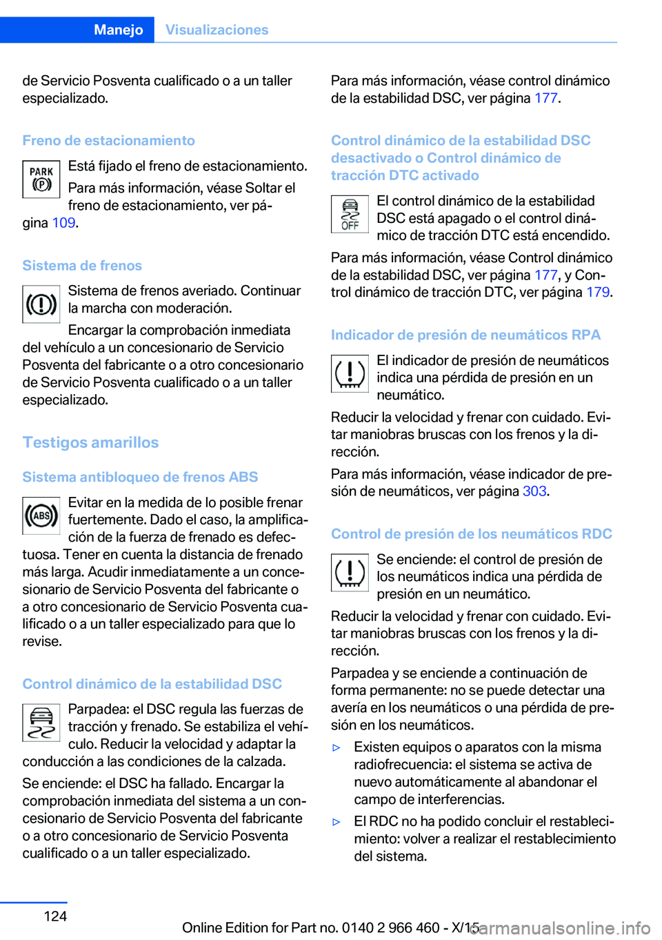 BMW 7 SERIES 2016 Manuales de Empleo (in Spanish) de Servicio Posventa cualificado o a un taller
especializado.
Freno de estacionamiento Está fijado el freno de estacionamiento.
Para más información, véase Soltar el freno de estacionamiento, ver BMW 7 SERIES 2016 Manuales de Empleo (in Spanish) de Servicio Posventa cualificado o a un taller
especializado.
Freno de estacionamiento Está fijado el freno de estacionamiento.
Para más información, véase Soltar el freno de estacionamiento, ver