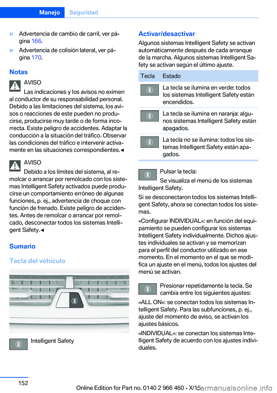 BMW 7 SERIES 2016 Manuales de Empleo (in Spanish) ▷Advertencia de cambio de carril, ver pá‐
gina 166.▷Advertencia de colisión lateral, ver pá‐
gina 170.
Notas
AVISO
Las indicaciones y los avisos no eximen
al conductor de su responsabilid BMW 7 SERIES 2016 Manuales de Empleo (in Spanish) ▷Advertencia de cambio de carril, ver pá‐
gina 166.▷Advertencia de colisión lateral, ver pá‐
gina 170.
Notas
AVISO
Las indicaciones y los avisos no eximen
al conductor de su responsabilid