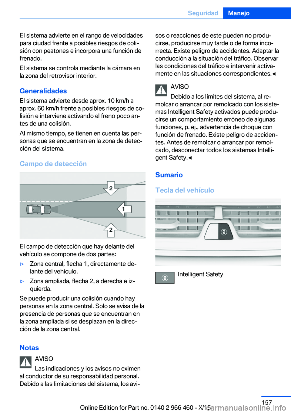 BMW 7 SERIES 2016 Manuales de Empleo (in Spanish) El sistema advierte en el rango de velocidades
para ciudad frente a posibles riesgos de coli‐
sión con peatones e incorpora una función de
frenado.
El sistema se controla mediante la cámara en
la BMW 7 SERIES 2016 Manuales de Empleo (in Spanish) El sistema advierte en el rango de velocidades
para ciudad frente a posibles riesgos de coli‐
sión con peatones e incorpora una función de
frenado.
El sistema se controla mediante la cámara en
la