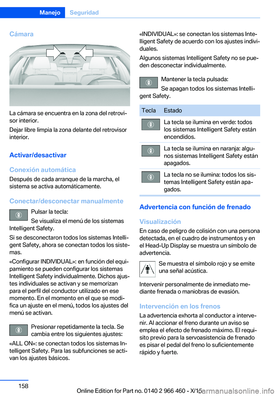 BMW 7 SERIES 2016 Manuales de Empleo (in Spanish) Cámara
La cámara se encuentra en la zona del retrovi‐
sor interior.
Dejar libre limpia la zona delante del retrovisor
interior.
Activar/desactivar
Conexión automática Después de cada arranque d BMW 7 SERIES 2016 Manuales de Empleo (in Spanish) Cámara
La cámara se encuentra en la zona del retrovi‐
sor interior.
Dejar libre limpia la zona delante del retrovisor
interior.
Activar/desactivar
Conexión automática Después de cada arranque d