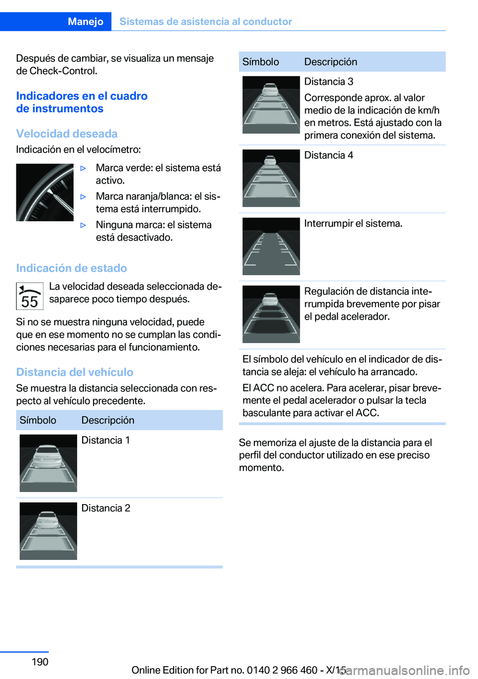 BMW 7 SERIES 2016  Manuales de Empleo (in Spanish) Después de cambiar, se visualiza un mensaje
de Check-Control.
Indicadores en el cuadro
de instrumentos
Velocidad deseada Indicación en el velocímetro:▷Marca verde: el sistema está
activo.▷Marc