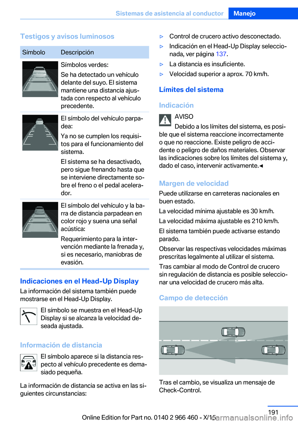 BMW 7 SERIES 2016  Manuales de Empleo (in Spanish) Testigos y avisos luminososSímboloDescripciónSímbolos verdes:
Se ha detectado un vehículo
delante del suyo. El sistema
mantiene una distancia ajus‐
tada con respecto al vehículo
precedente.El s